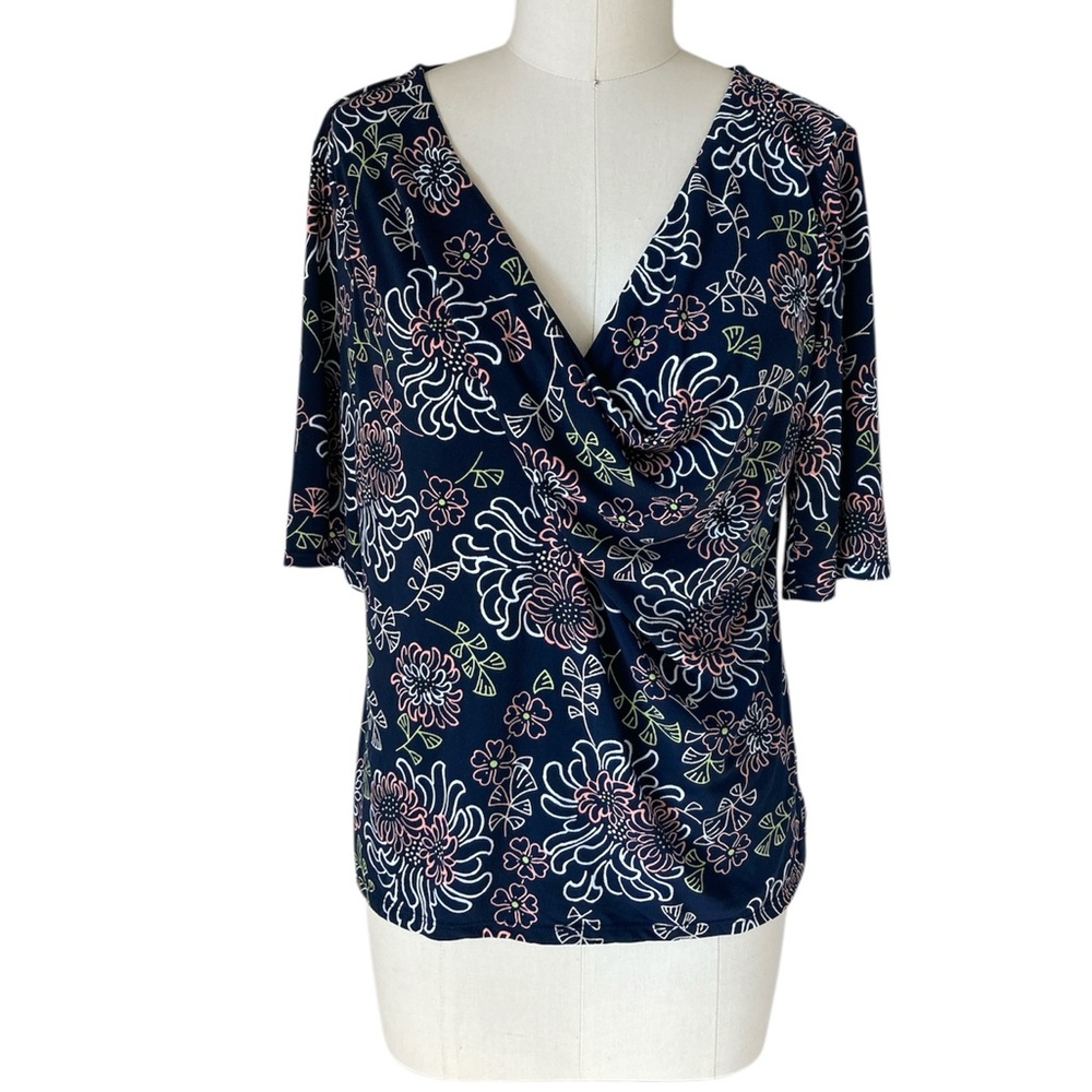 Elegant Black Floral Draped Bodice Blouse, Sz L